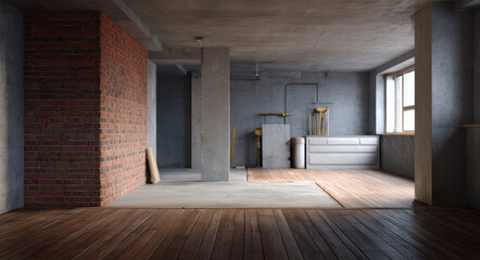 Fototapeta premium Spacious interior of modern unfinished room featuring concrete walls, wooden flooring, and exposed brick. atmosphere is calm