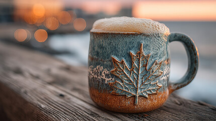 Maple leaf mug with frothy beer on rustic table, celebrating Canada Day with warmth and cheer