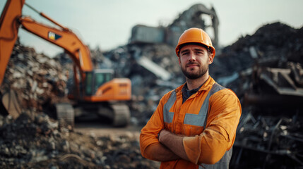 man hat construction site excavator background