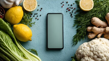 A smartphone with blank screen is surrounded by fresh vegetables, herbs, and citrus fruits on a blue background perfect for healthy eating apps.