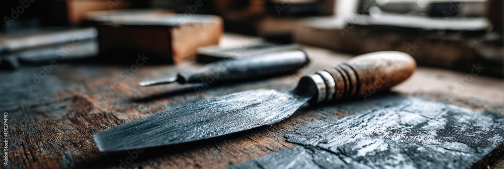 Poster Bitumen Mastic and Metal Putty Knife on Workshop Table During Crafting Session in a Well-Lit Workspace
