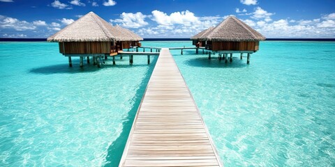 Fototapeta premium Overwater bungalows on a pristine turquoise lagoon