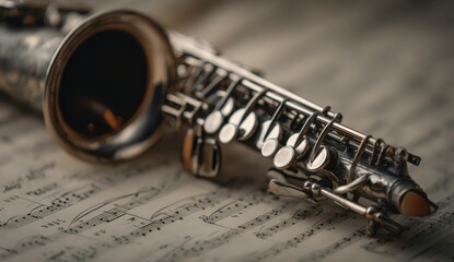 Obraz premium Saxophone on sheet music musical instrument still life
