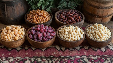 Fototapeta premium Dried fruit variety with rustic setting.