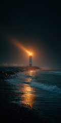 Fototapeta premium Serene lighthouse stands tall against night sky, casting warm glow over ocean waves, creating tranquil atmosphere