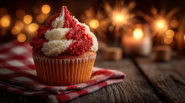 Maple leaf cupcake with white frosting and candlelight, celebrating Canada Day with warmth and joy