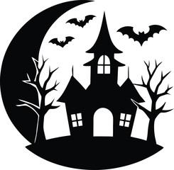 halloween house with bats.haunted house with broken windows and bats.halloween house with bats.Halloween haunted house silhouette with bats under a spooky moonlit night sky vector illustration.
