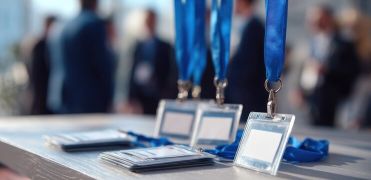 Event badges with blue lanyards on table