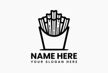 Bold black French fries silhouette in stylized container with minimalist shadow vector art. Fast casual branding  