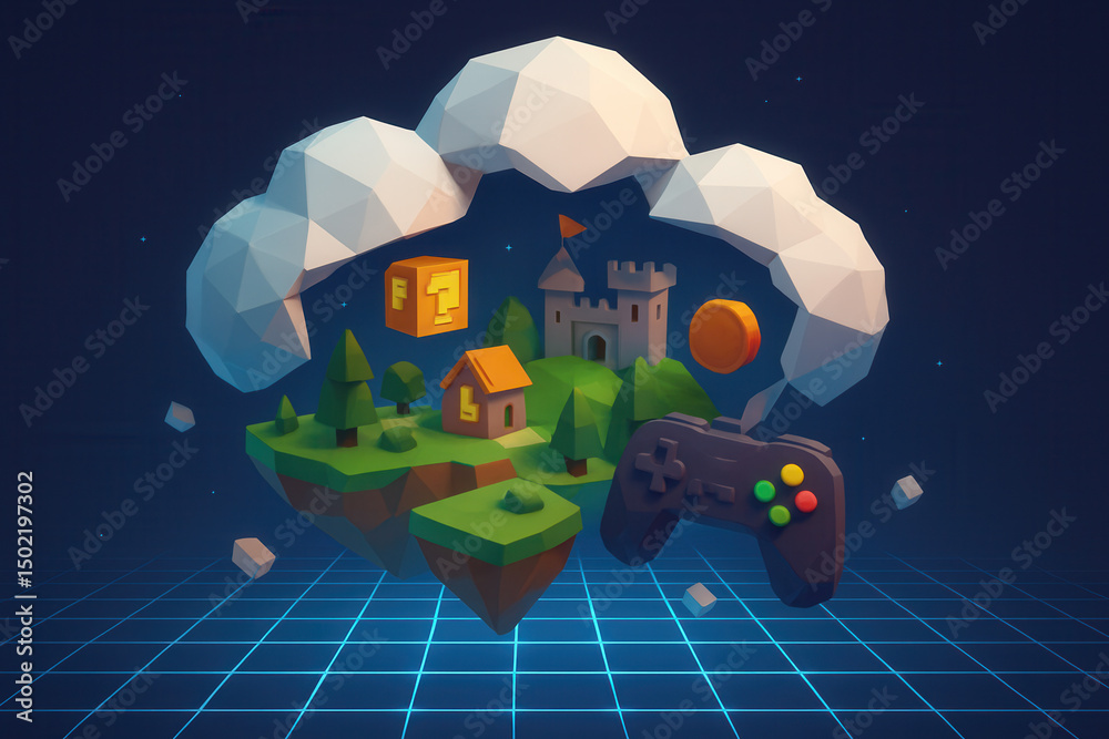 Poster cloud gaming and streaming concept. fantasy gaming landscape with a controller and castle elements.