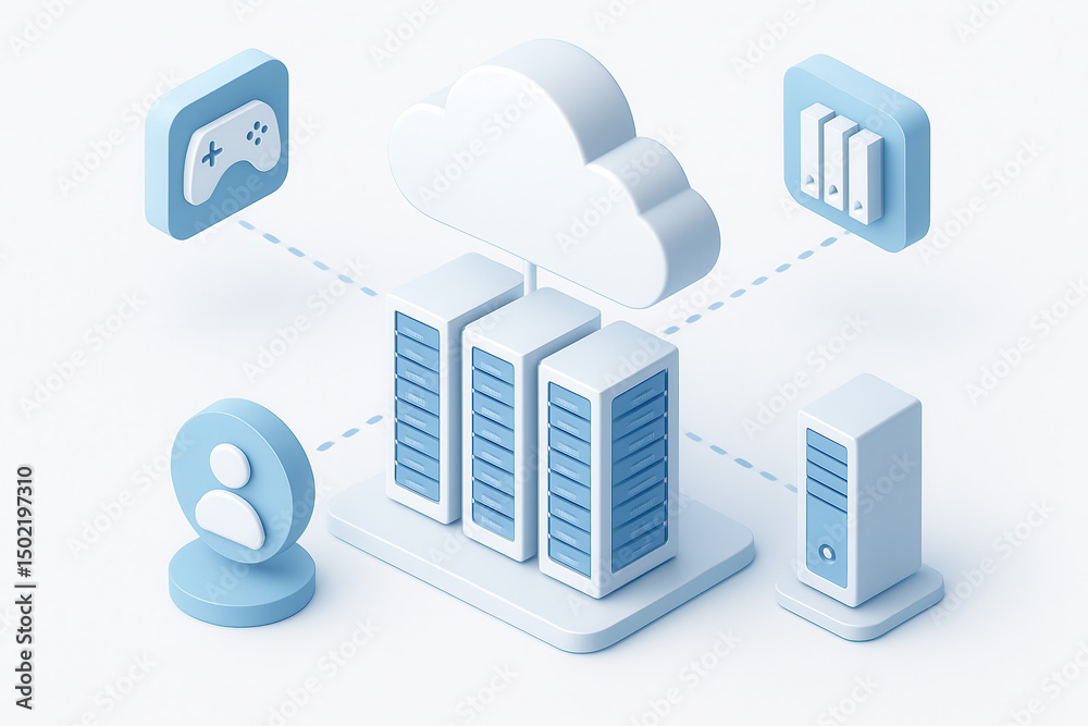 Fototapete cloud gaming and streaming concept. cloud computing with servers and user icons.