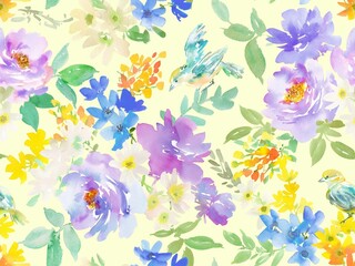 Seamless pattern of abstract purple peonies, birds and wild flowers painted in watercolor. Floral wallpaper pattern in watercolor. Hand painted botanical pattern for wedding invitations