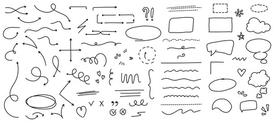 Set of doodle hand drawn design elements collection with arrows, speech bubbles, stars, and hearts for creative planner projects