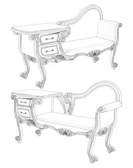 Antique Sofa With Two Drawers And Table Vector. Illustration Of Sofa Bed Isolated On White Background.
