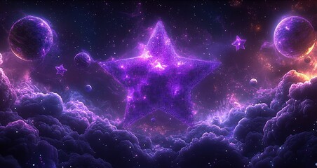 Cyberspace Coded With Violet Stars and High Tech Spheres Swirling Over Digital Clouds As Textured Storm Patterns and Virtual Planets Orbit In Dramatic Style