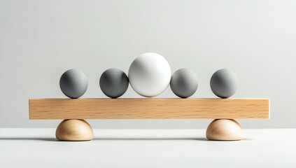 A wooden balance beam with five colored spheres.  One white sphere stands out amid four gray spheres