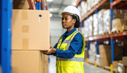 Strong and focused female warehouse worker carefully lifts box, her brow furrowed in concentration, showcasing her dedication and professionalism in busy storage environment