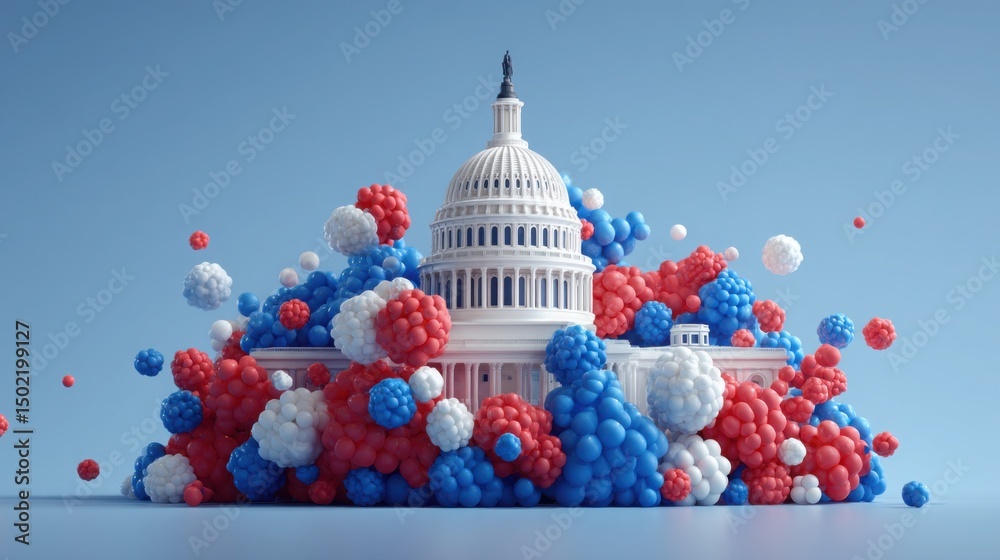 Poster capitol building surrounded by balloons illustrating a tech-scaled macro policy experiment hub for t