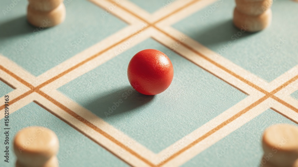 Poster red ball on a checkerboard symbolizing a tech-scaled macro policy experiment hub for economic testin