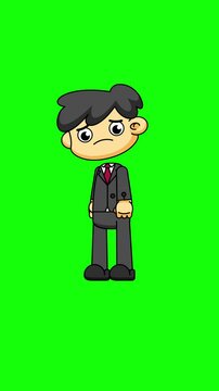 Sad Businessman Cartoon. Chibi Character Emotion in 4K. Greenscreen Animation Loop 