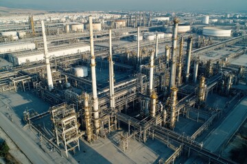 Aerial view of industrial refinery complex with pipes and storage tanks