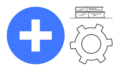 Fototapeta premium Medical cross in blue circle, stack of books, and gear outline. Ideal for education, health, knowledge, innovation, progress teamwork technology themes. Great for a simple landing page