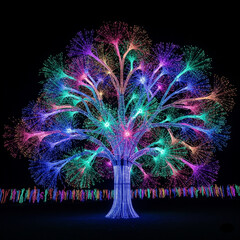 vibrant colorful illuminated tree with lights at night festival  decoration  background stock image