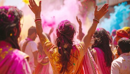 Crowd celebrates, arms raised, covered in vibrant colorful powder during an outdoor festival
