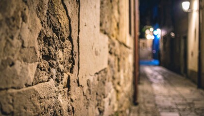 Textured stone wall overlooks narrow, illuminated, cobblestone alley at night