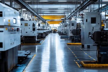 Industrial manufacturing facility with machinery and equipment in linear perspective