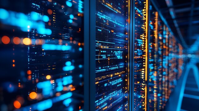 Rows of glowing server racks filled with digital data.