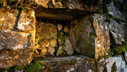 Stone alcove with interior rocks, moss-covered blocks and natural sunlight