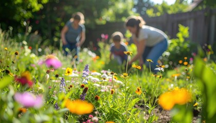 Wildflower garden with family tending. Sunlit, blurred background, vibrant colors