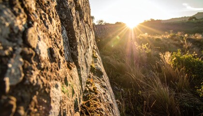Stone wall, sunlight, landscape. Bright sunburst over distant hill, warm glow