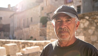Older man with weathered face wears a cap, standing in sunlit stone courtyard