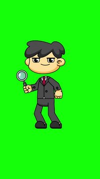 Businessman Search Animation. Chibi Cute Character with Magnifier in 4K Greenscreen Loop 