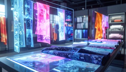 Futuristic clothing display with brightly lit, hanging, and folded textiles