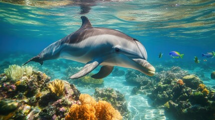 Fototapeta premium A playful dolphin gracefully swims in crystal-clear water, alongside coral reefs and tropical fish