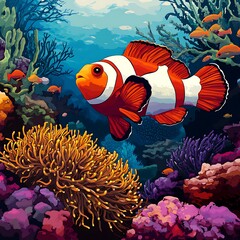Vibrant coral reef scene with a clownfish.