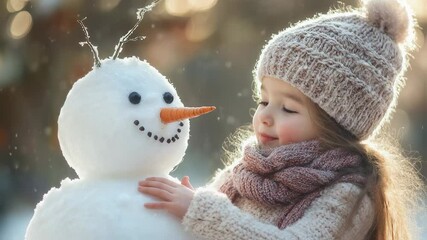 Joyful childhood moment: Little girl creating a snowman with love and care - Powered by Adobe
