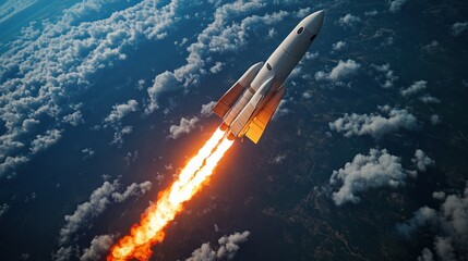 A majestic rocket soars through a brilliant sky above the clouds, leaving a trail of fiery exhaust