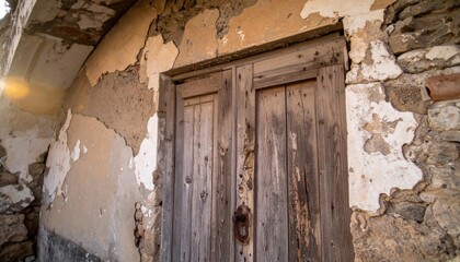 Weathered wooden door in crumbling plaster and stone wall