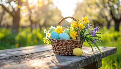Easter basket on table with flowers & colored eggs, orchard backdrop, sunlight