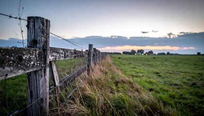 Rustic fence line stretches into the distance across a grassy field under a twilight sky