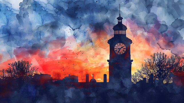 watercolor silhouette of a clock tower in the city