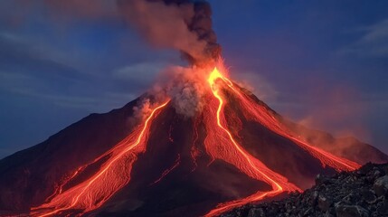 Volcano erupting at night, glowing lava flows down the mountainside. The dark sky contrasts dramatically with the fiery spectacle. 