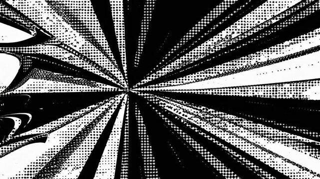 Abstract black and white halftone pattern with dynamic lines and dots. Bold black and white design with radial lines. Halftone texture in black and white. Live desktop wallpaper.