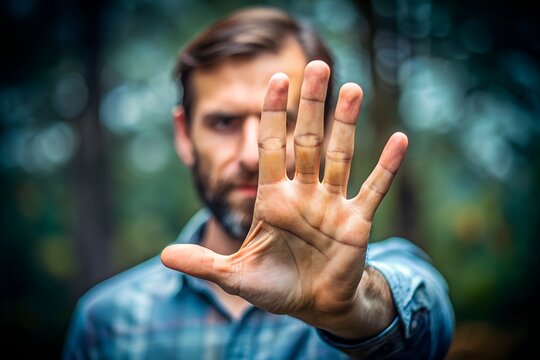 Close-up of man hand showing stop gesture in forest setting conveying warning urgency and boundary protection