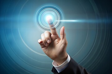 Hand pressing glowing button on futuristic interface symbolizing digital innovation technological advancement and progress