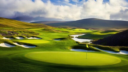 A scenic view of a golf course on a cloudy day, with green fairways, sand bunkers, and water hazards. A flag on the green indicating the hole location.